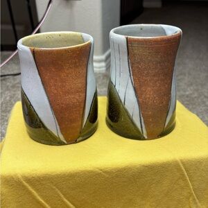 Pair of 2 Hand Made Pottery Mugs Abstract Neutral Contemporary Minimalist
